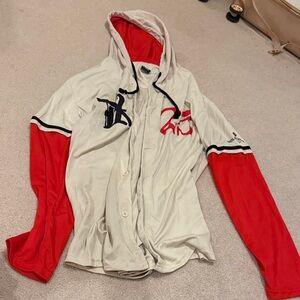 Red and White Hooded Button-Up Shirt